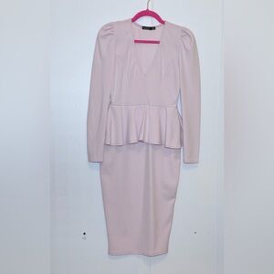 Boohoo Blush Pink Peplum Bodycon Midi Dress Long Sleeve UK10 US6